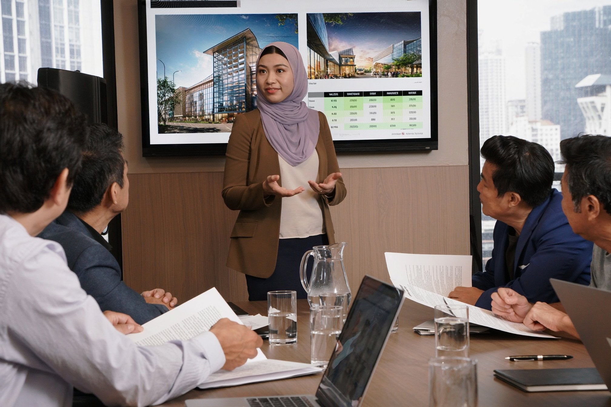 An asset team reviewing a property record together in a meeting room