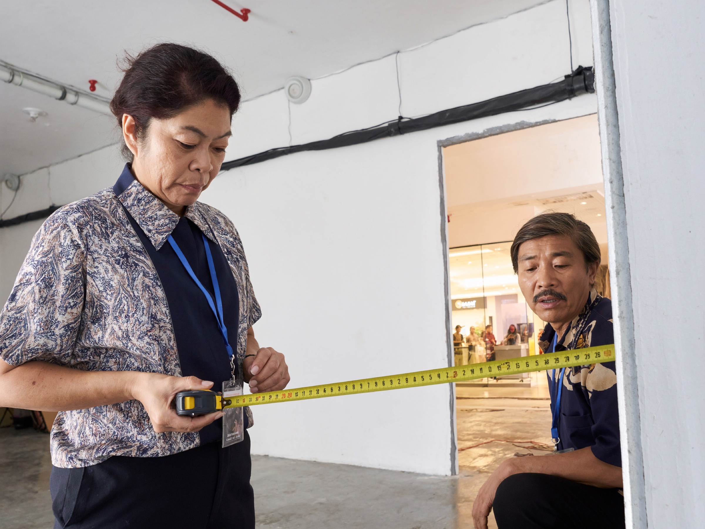 Leasing manager measuring a vacant unit