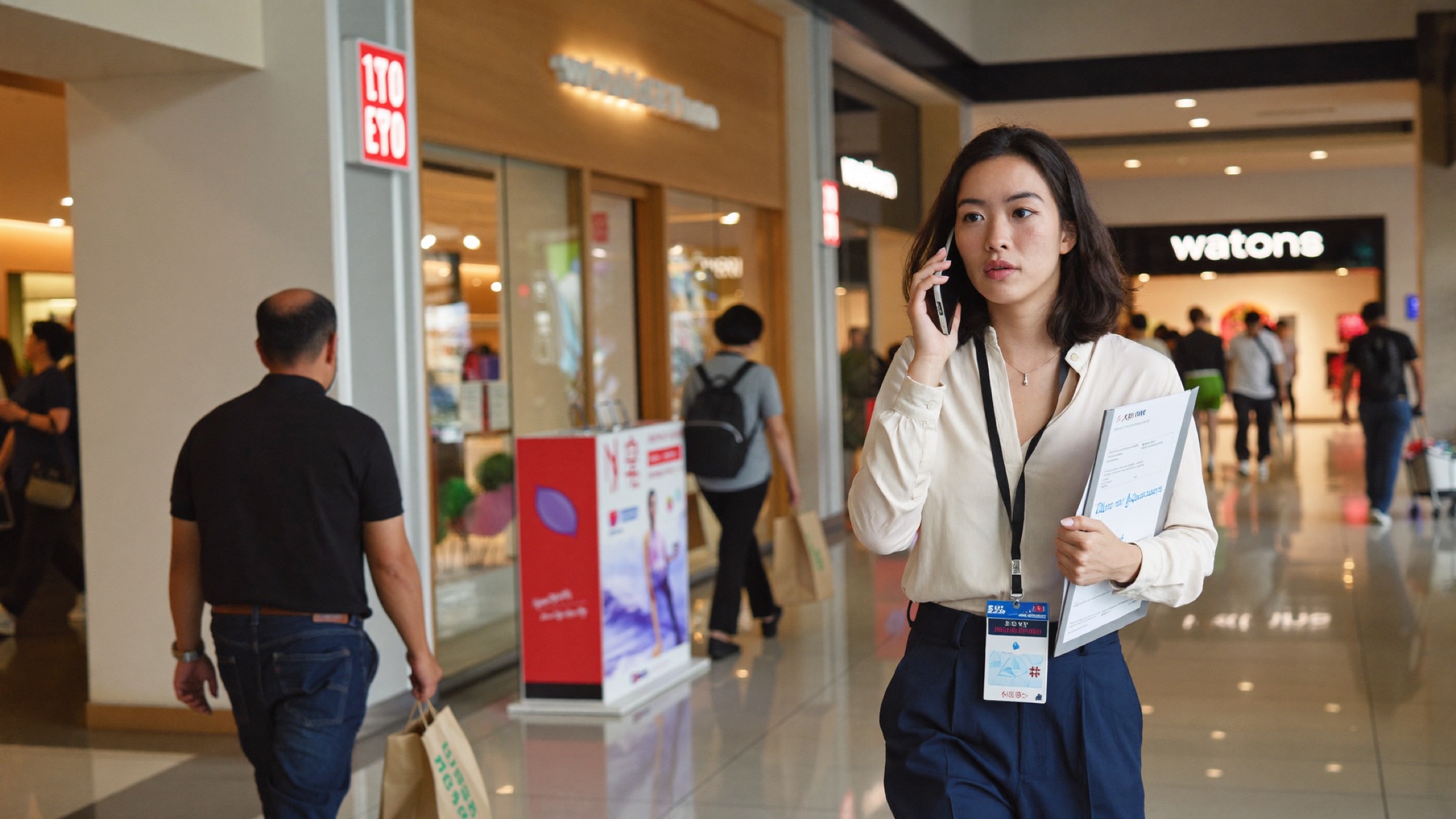 Marketing manager speaking with shoppers on the concourse