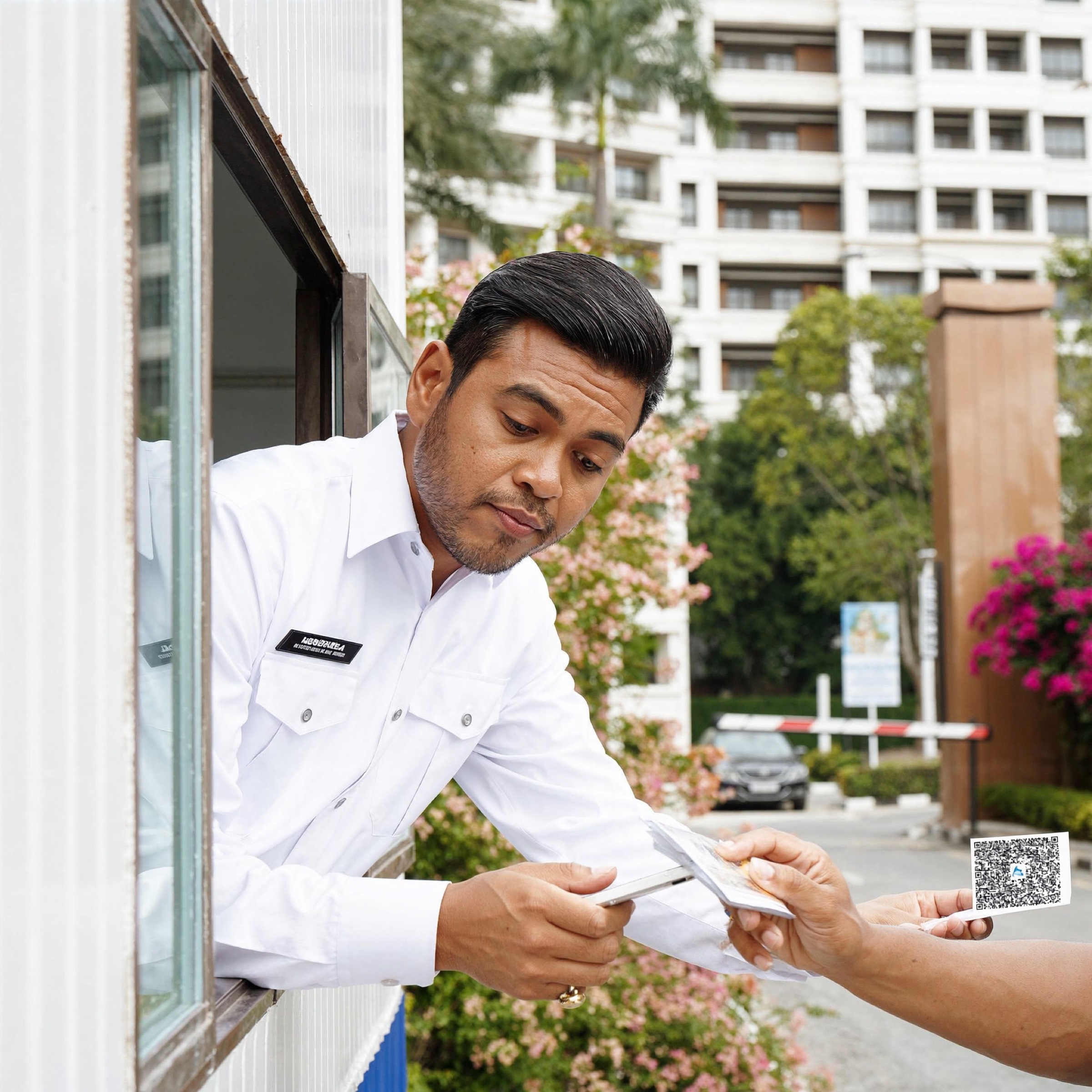 Site supervisor checking a visitor pass at a residential entrance