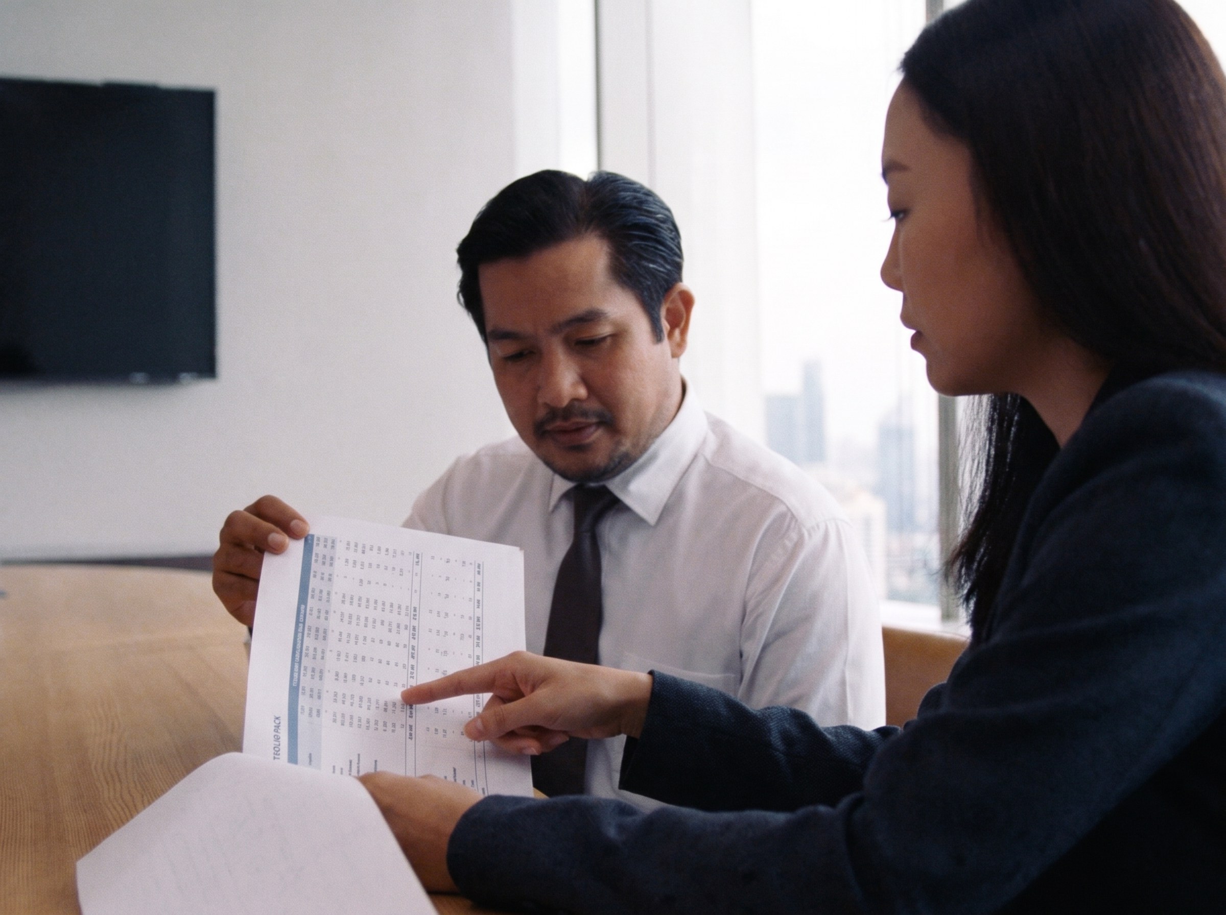 Asset managers reviewing a report together at a meeting table.