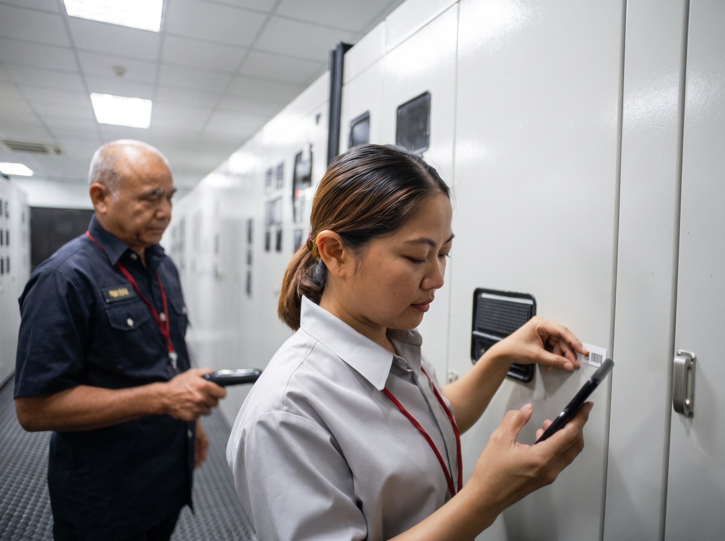 Facilities technician using a mobile device beside electrical panels.