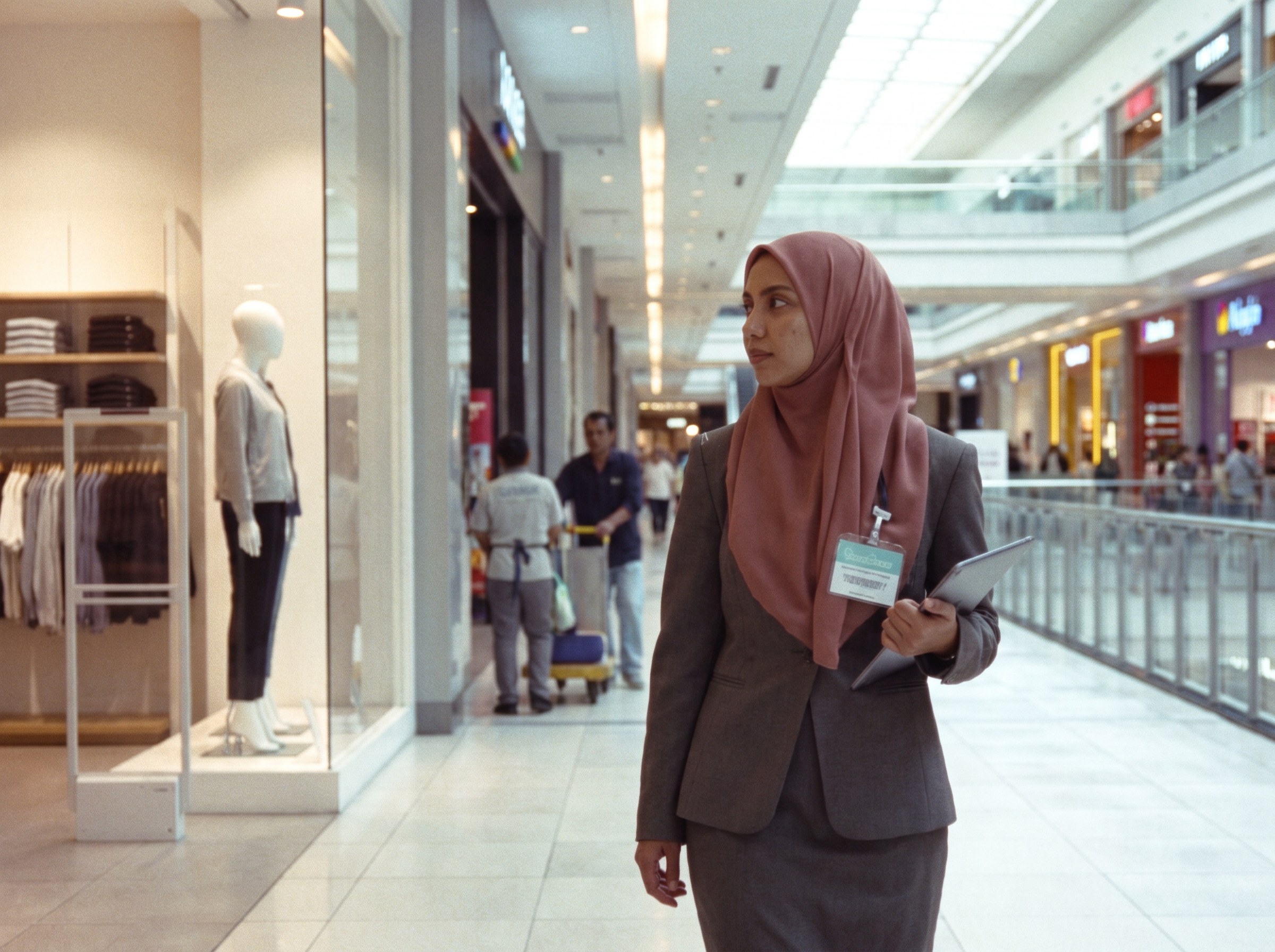 Operations lead walking the shopping centre with a colleague.