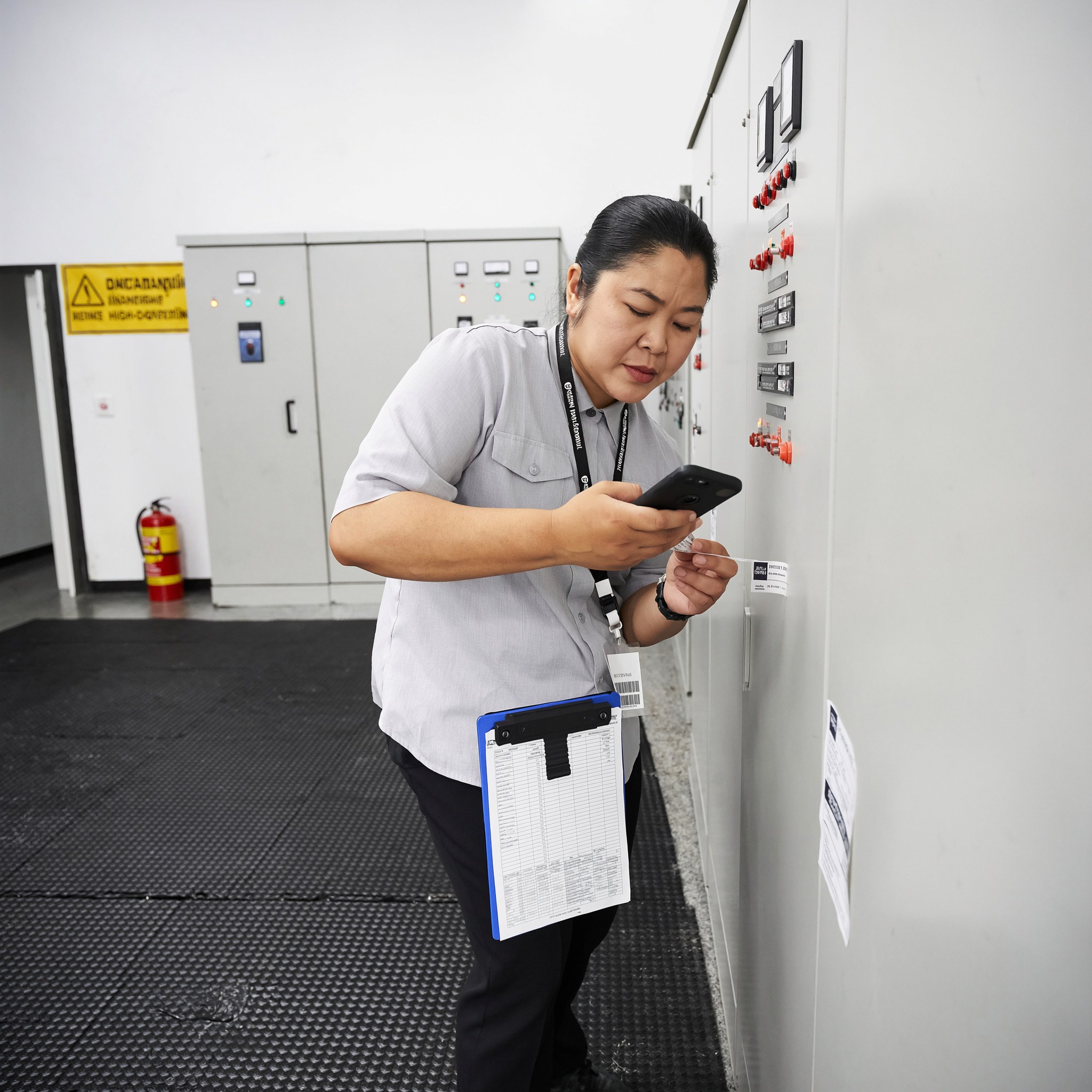 Facilities manager checking a work order beside electrical panels.