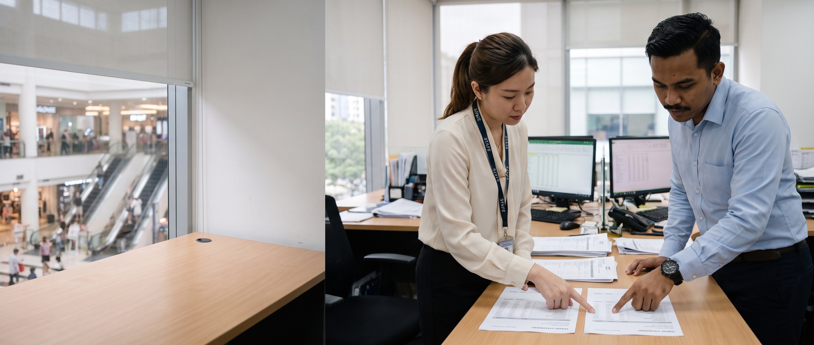 Mall operations colleague reviewing records at a desk.