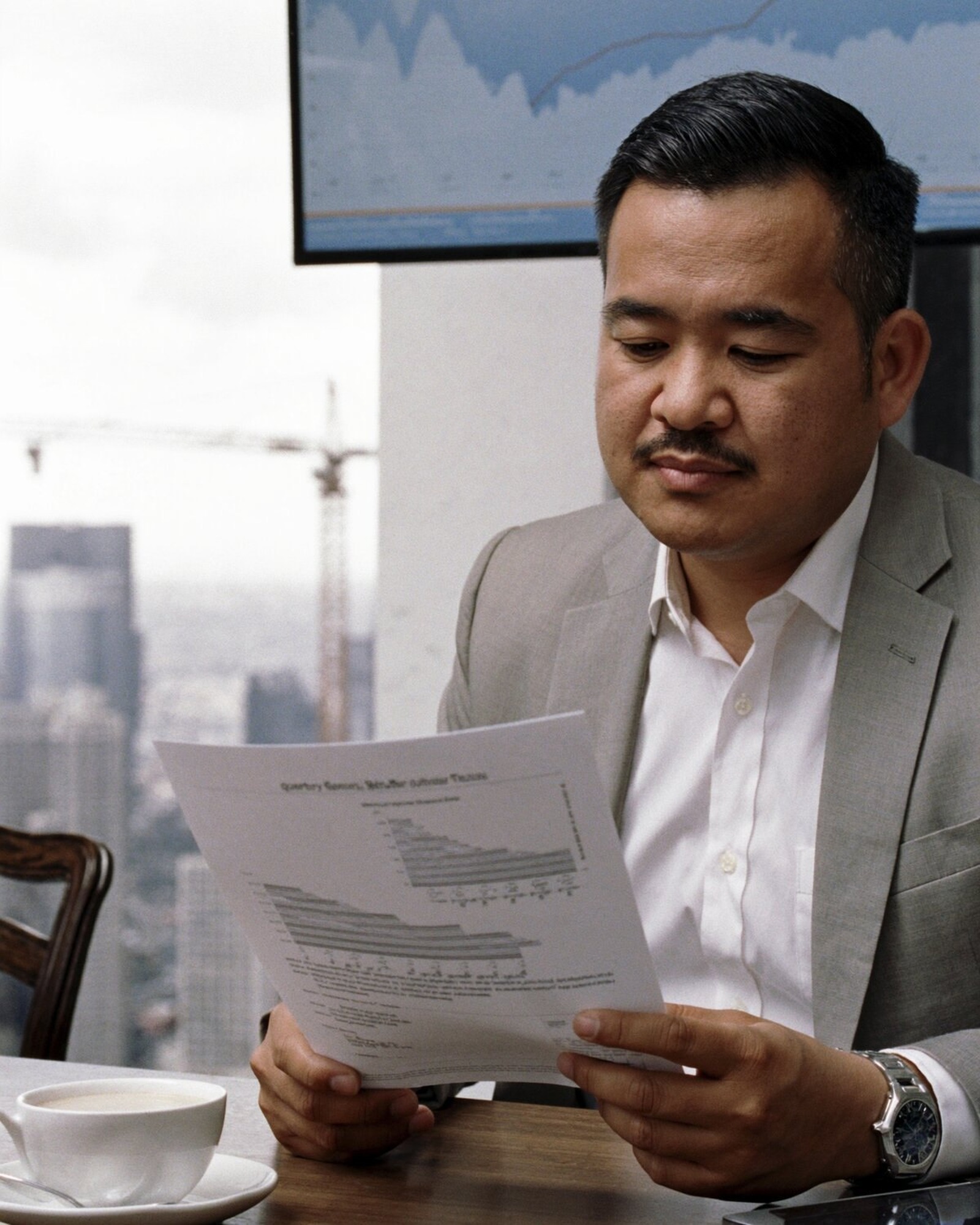 Property owner reading a report beside a city skyline.